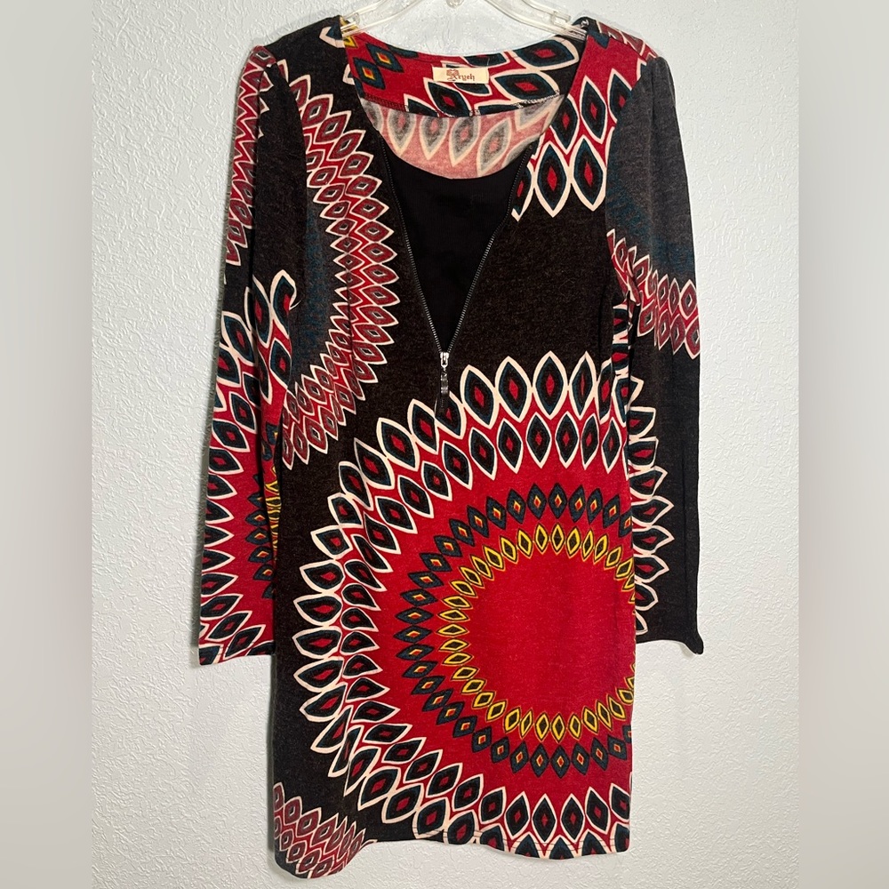 ARYEH Beautiful Dark Gray w/Red Floral Design Long Sleeve Sweater Dress Size M/L